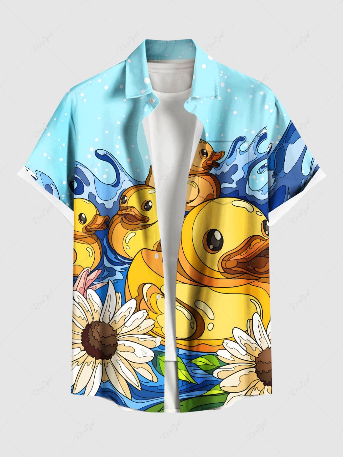 Chemise hawaïenne grande taille à imprimé canard, fleurs et vagues de la mer, avec poches boutonnées, pour homme Bleu clair L