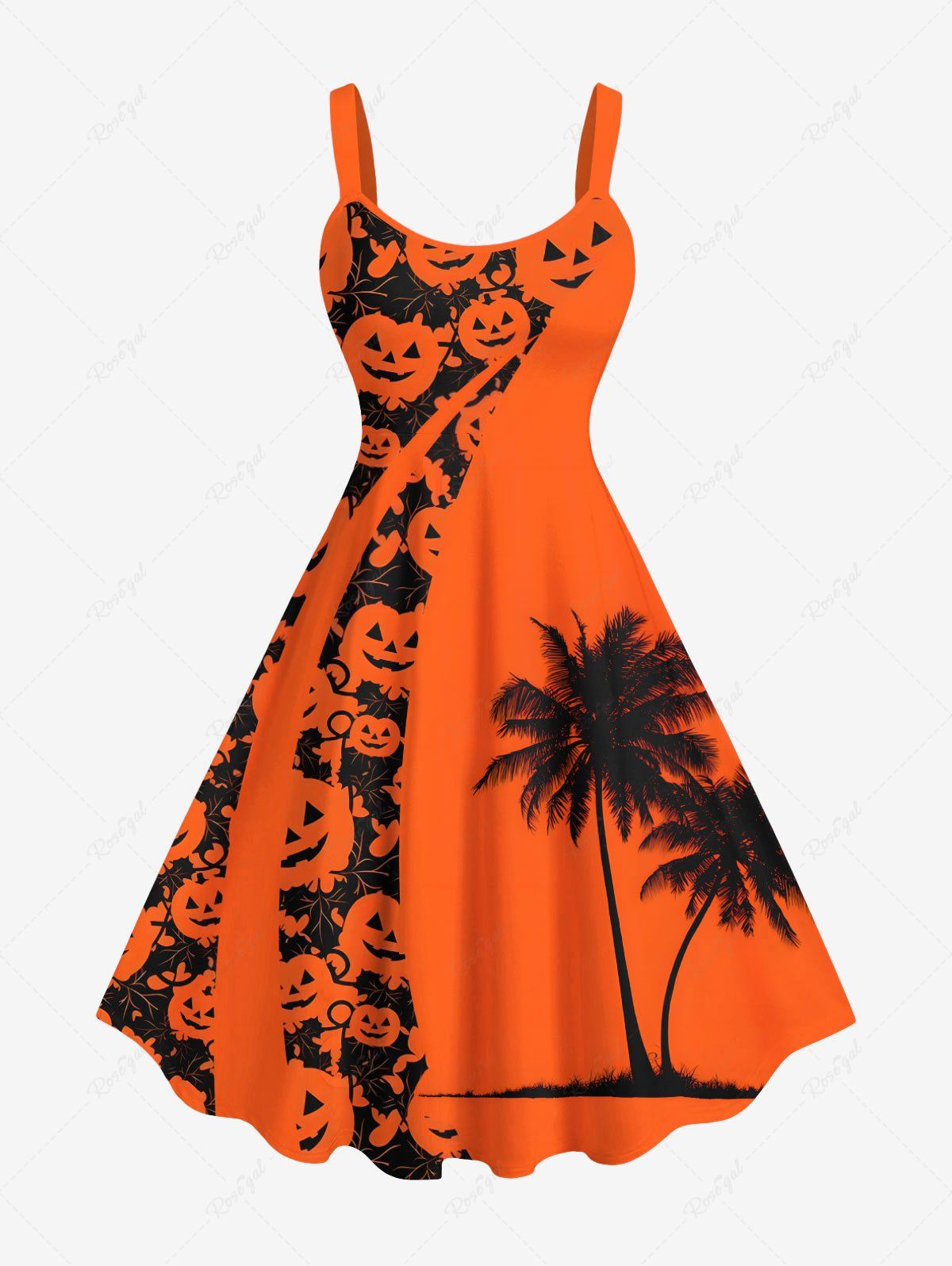 Shop Plus Size Halloween Pumpkin Coconut Tree Print Tank Dress  