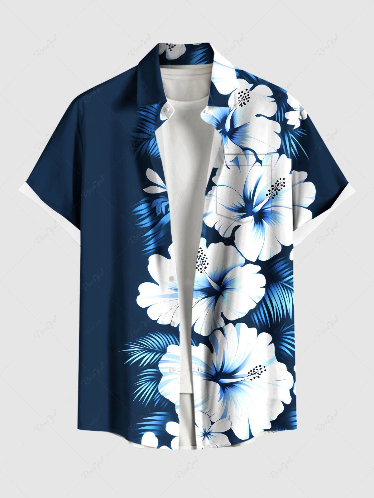 Shop Plus Size Hibiscus Flowers Tropical Leaf Print Buttons Pocket Hawaii Shirt For Men  
