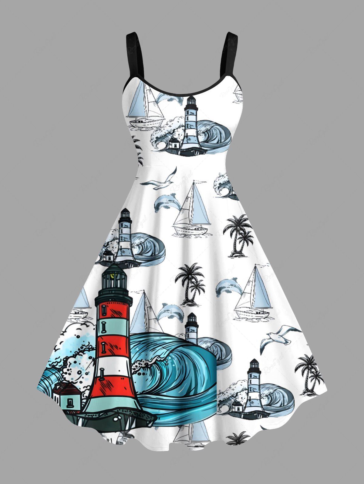 Robe débardeur hawaïenne grande taille à imprimé cocotiers, requins, bateau, vagues, phare, croisière Blanc XXS