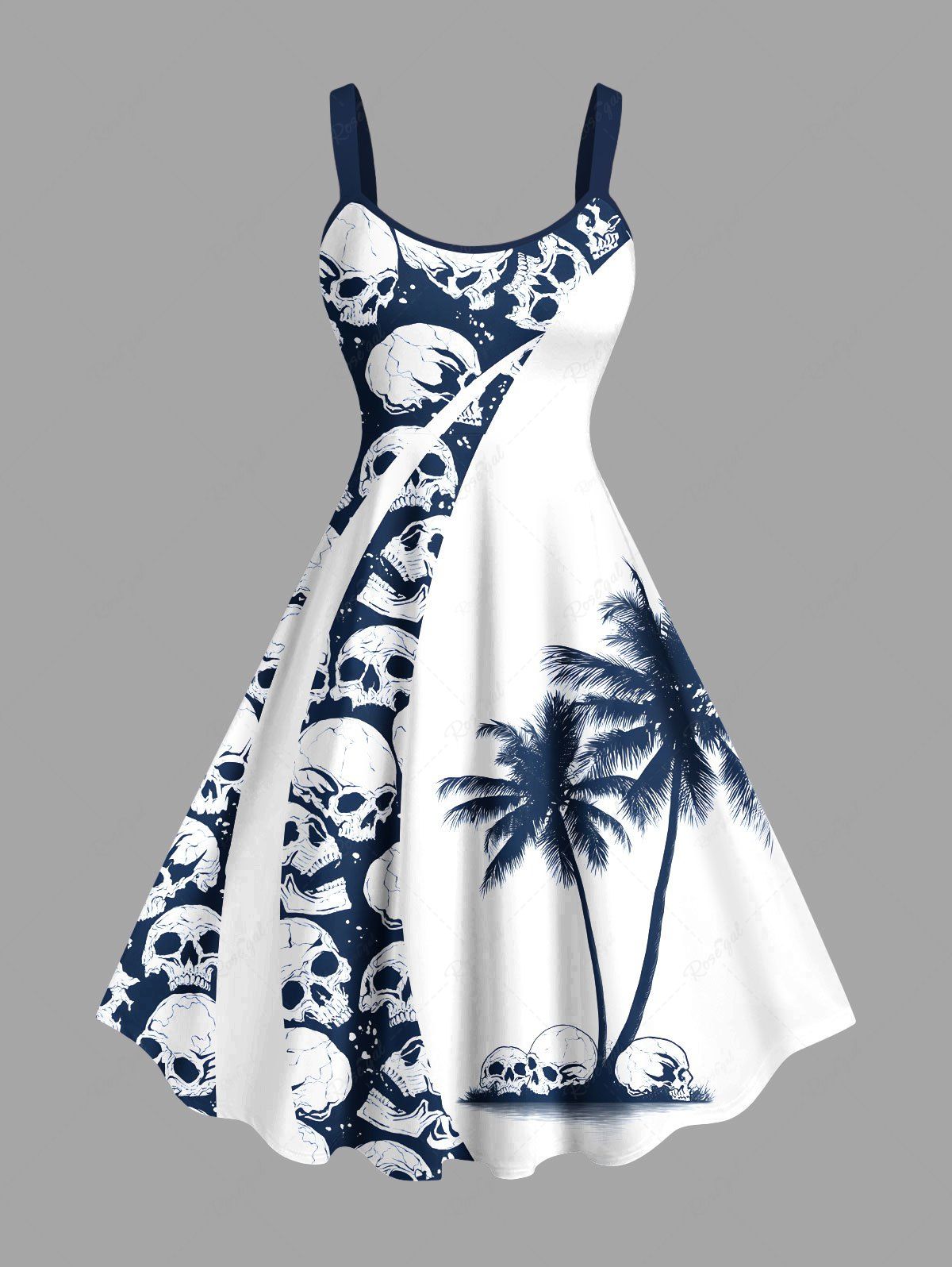 Trendy Plus Size Halloween Skulls Coconut Tree Print Tank Dress  