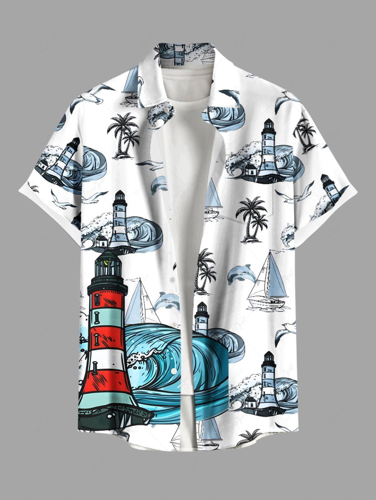 Chemise hawaïenne grande taille à imprimé cocotiers, requins, bateau, vagues, phare, boutons et poches pour homme Blanc 4XL