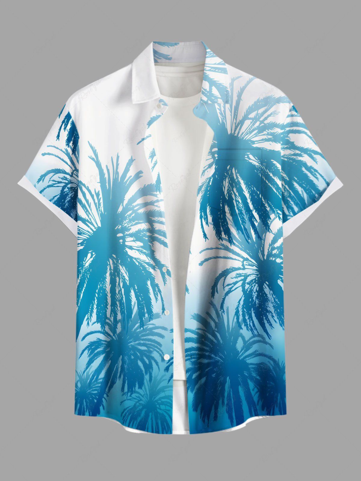 Latest Plus Size Coconut Tree Ombre Colorblock Print Buttons Pocket Hawaii Shirt For Men  
