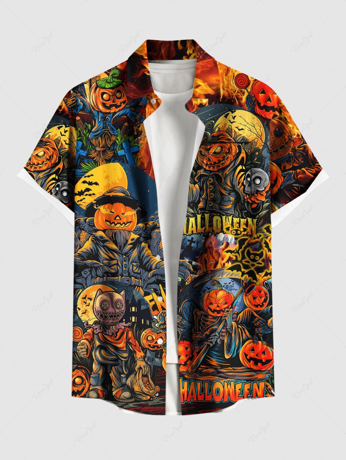 Chemise grande taille à boutons et poches pour homme, motif citrouille, feu, flammes, crânes, lune, Halloween Orange Foncé 6XL