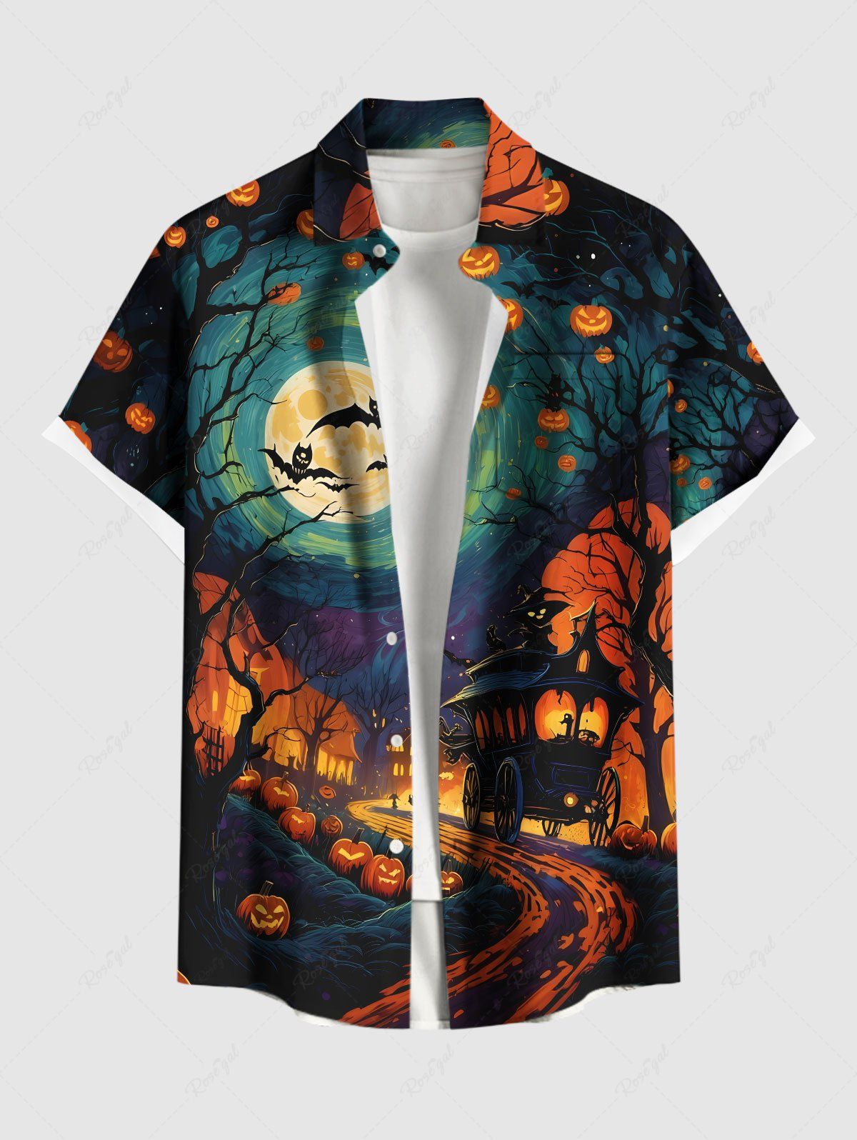 Chemise grande taille à boutons et poches pour homme, motif citrouille, lanterne, chauve-souris, lune, Halloween Noir XL