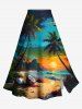 Ensemble assorti grande taille avec haut uni cintré et jupe trapèze fendue à imprimé paysage marin hawaïen, imprimé cocotiers et plage - Bleu profond 