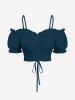 Ensemble assorti grande taille avec haut uni cintré et jupe trapèze fendue à imprimé paysage marin hawaïen, imprimé cocotiers et plage - Bleu profond 