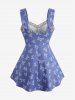 Bowknot Print Crisscross Panel Tank Top and Spider Web Flocking Lettuce Flare Pants Plus Size Outfit -  