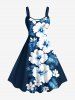 Tenue de plage hawaïenne assortie grande taille à imprimé feuilles tropicales et fleurs d'hibiscus pour couples - Bleu de Minuit 
