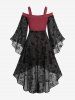 Cold Shoulder Flare Sleeve Glitter Flower Flocking High Low Asymmetric Twist Dress -  