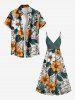 Plus Size Flower Leaf Branch Print Hawaii Surplice A Line Cami Dress -  