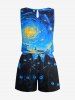 Plus Size Cat Sea Waves Painting Galaxy Print Hawaii Drawstring Pocket Romper -  