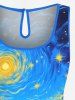 Plus Size Cat Sea Waves Painting Galaxy Print Hawaii Drawstring Pocket Romper -  