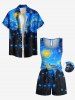 Plus Size Cat Sea Waves Painting Galaxy Print Hawaii Drawstring Pocket Romper -  