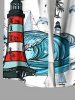 Plus Size Coconut Tree Sharks Boat Sea Waves Lighthouse Print Buttons Pocket Hawaii Shirt For Men -  