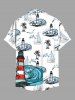 Chemise hawaïenne grande taille à imprimé cocotiers, requins, bateau, vagues, phare, boutons et poches pour homme - Blanc 4XL