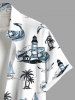 Chemise hawaïenne grande taille à imprimé cocotiers, requins, bateau, vagues, phare, boutons et poches pour homme - Blanc 4XL