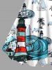 Plus Size Coconut Tree Sharks Boat Sea Waves Lighthouse Cruise Print Hawaii Tank Dress -  
