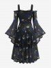 Robe grande taille à imprimé gothique crâne et rose, manches cloche en résille et épaules dénudées - Paon Bleu L | US 12