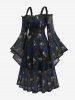 Robe grande taille à imprimé gothique crâne et rose, manches cloche en résille et épaules dénudées - Paon Bleu L | US 12