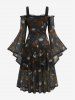Robe grande taille à imprimé gothique crâne et rose, manches cloche en résille et épaules dénudées - Orange 3X | US 22-24