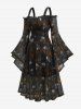 Robe grande taille à imprimé gothique crâne et rose, manches cloche en résille et épaules dénudées - Orange 3X | US 22-24