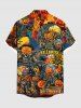 Plus Size Halloween Pumpkin Fire Flame Skulls Moon Print Buttons Pocket Shirt For Men -  
