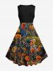 Plus Size Halloween Pumpkin Fire Flame Skulls Moon Print 1950s Vintage Dress -  