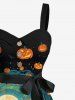 Plus Size Halloween Pumpkin Lantern Bat Moon Print Buttons Turn Down Collar Dress With Belt -  