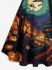 Plus Size Halloween Pumpkin Lantern Bat Moon Print Buttons Turn Down Collar Dress With Belt -  