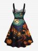 Plus Size Halloween Pumpkin Lantern Bat Moon Print Buttons Turn Down Collar Dress With Belt -  