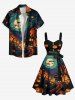 Plus Size Halloween Pumpkin Lantern Bat Moon Print Buttons Turn Down Collar Dress With Belt -  
