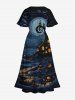 Plus Size Halloween Pumpkin Lantern Moon Print Split Midi Dress -  