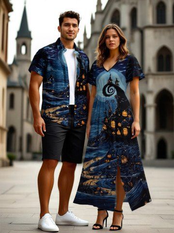 Halloween Pumpkin Lantern Moon Print Plus Size Matching Outfit For Couples
