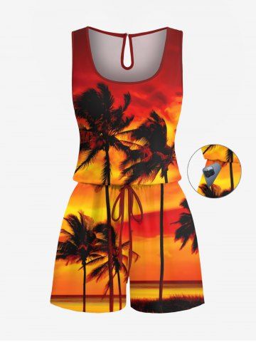 Plus Size Coconut Tree Ombre Sky Print Cinched Hawaii Romper