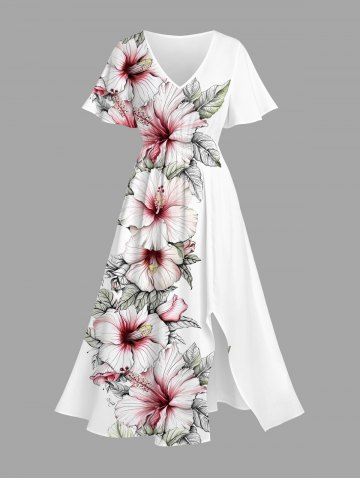 Plus Size Hibiscus Flowers Leaf Print Split Hawaii Midi Dress - WHITE - XS