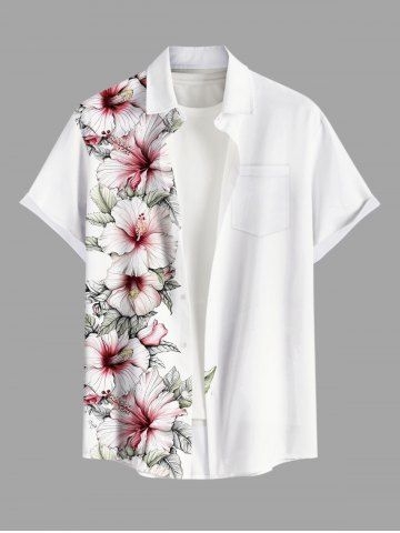 Plus Size Hibiscus Flowers Leaf Print Buttons Pocket Hawaii Shirt For Men - WHITE - 5XL