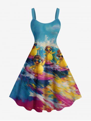 Plus Size Sea Waves Surfing Ducks Print Hawaii Tank Dress - BLUE - 5X
