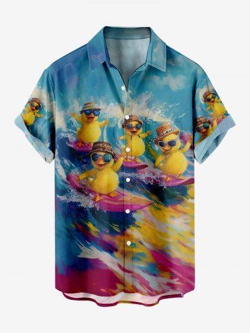 Plus Size Sea Waves Surfing Ducks Print Buttons Pocket Hawaii Shirt For Men