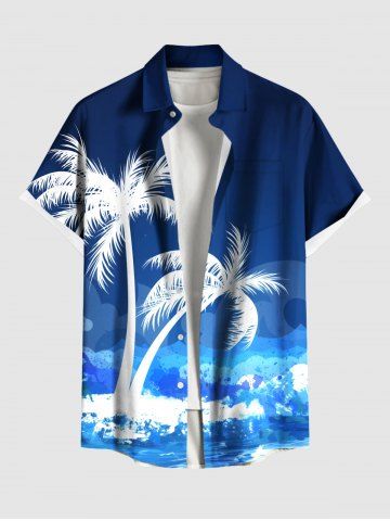 Plus Size Coconut Tree Sea Waves Paint Splatter Print Buttons Pocket Hawaii Shirt For Men - BLUE - S