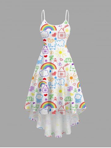 Plus Size Rainbow House Sun Cloud Flowers Stick Figure Print Hawaii Tank Dress - WHITE - XXS