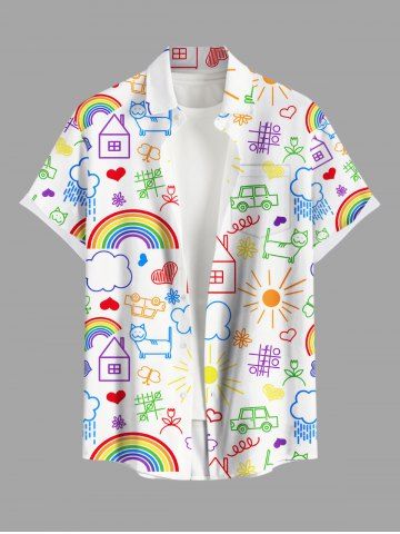 Plus Size Rainbow House Sun Cloud Flowers Stick Figure Print Buttons Pocket Hawaii Shirt For Men - WHITE - 5XL