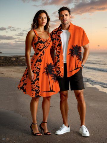 Halloween Pumpkin Coconut Tree Print Plus Size Matching Outfit For Couples - ORANGE