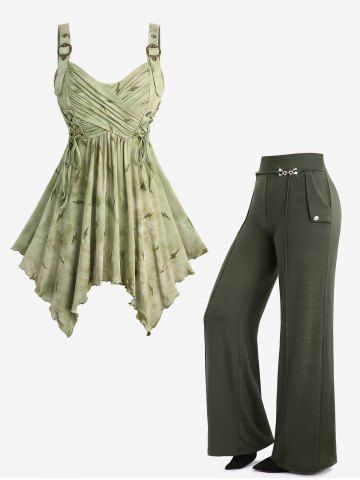 Tie Dye Print Surplice Lace Up Tank Top and Pintuck Buckle Waist Wide Leg Pants Plus Size Outfit - GREEN