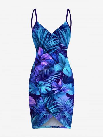 Plus Size Flowers Tropical Leaf Print Convertible Hawaii Beach Cover - SKY BLUE - 5X