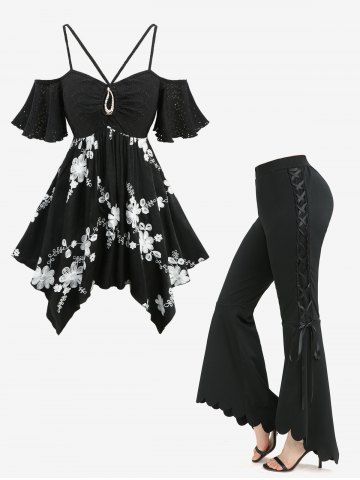 Pointelle Hollow Out Jacquard Embroidered Handkerchief Top and Lace Up Scalloped Flare Pants Plus Size Outfit