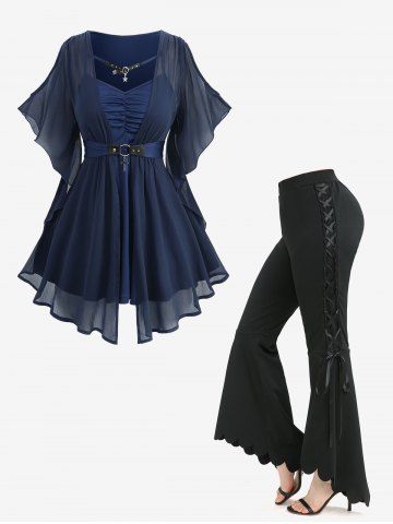 Chiffon Textured Ruched O-Ring Cross Belted Blouse and Lace Up Scalloped Flare Pants Plus Size Outfit