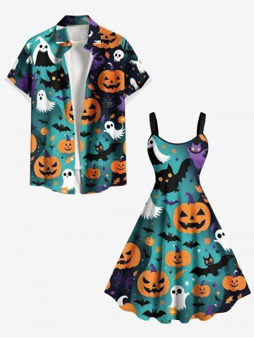 Halloween Pumpkin Ghost Bat Ombre Spider Web Print Plus Size Matching Outfit For Couples