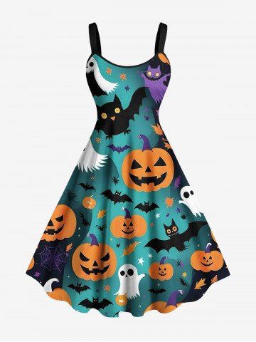 Plus Size Pumpkin Ghost Bat Ombre Spider Web Print Halloween A Line Tank Dress - GREEN - 6X