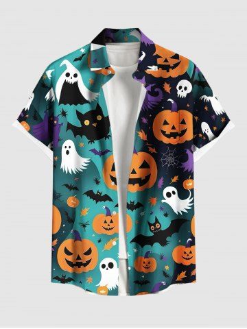 Plus Size Pumpkin Ghost Bat Ombre Spider Web Print Halloween Button Pocket Shirt For Men